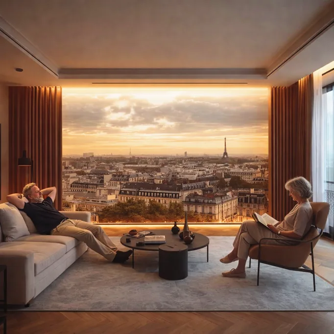 Séjour contemporain avec plafond tendu